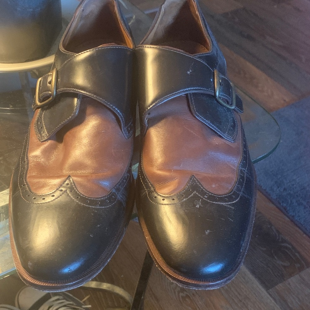 Johnston & Murphy Two-Tone Black and Brown Leather Monk Strap Oxfords